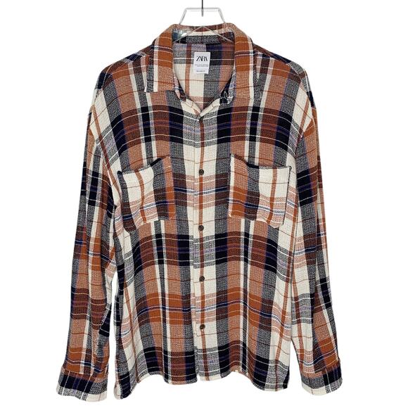 Zara XL Mens Textured Plaid Overshirt Button Front Shirt Relaxed Fit - Picture 1 of 9